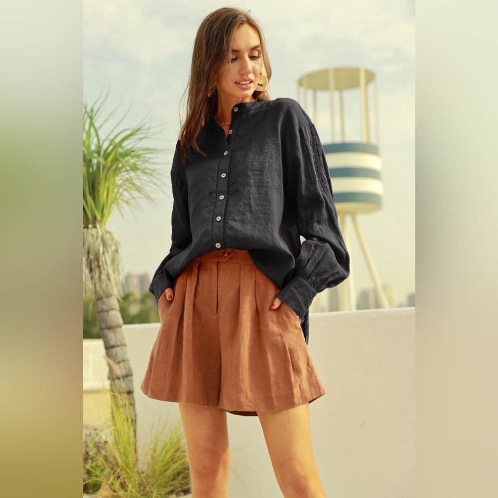 NWT - Flax-Linen Frieeah Black Button-Up Shirt - Size L